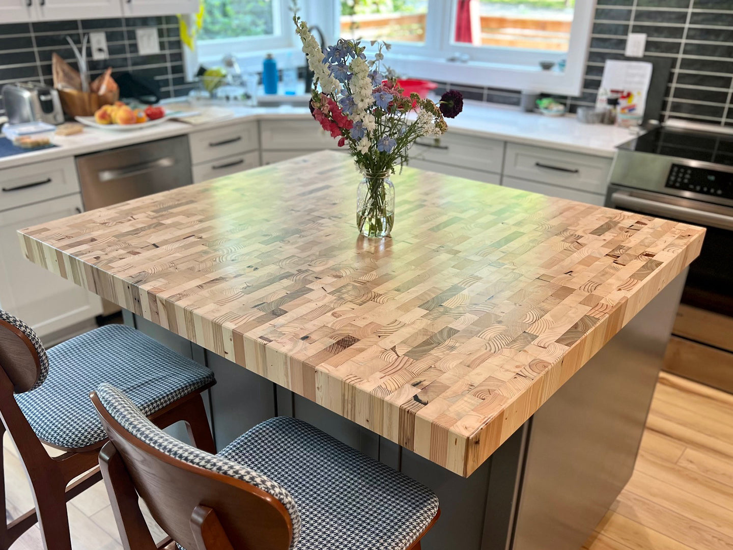 End grain butcher block kitchen island countertop 