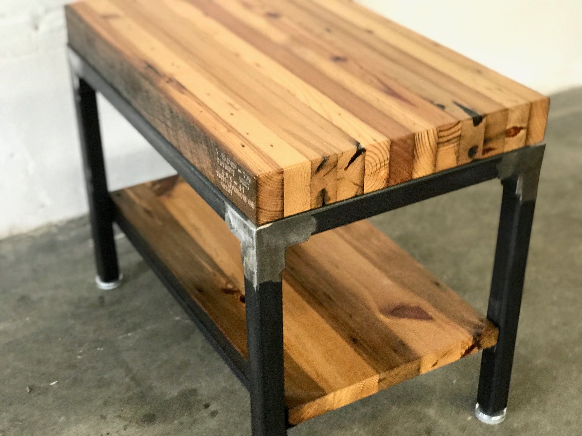 Grand Boulevard End Table with Shelf by Workshop Detroit - Made from reclaimed wood and steel - Shown in a clear coat natural finish