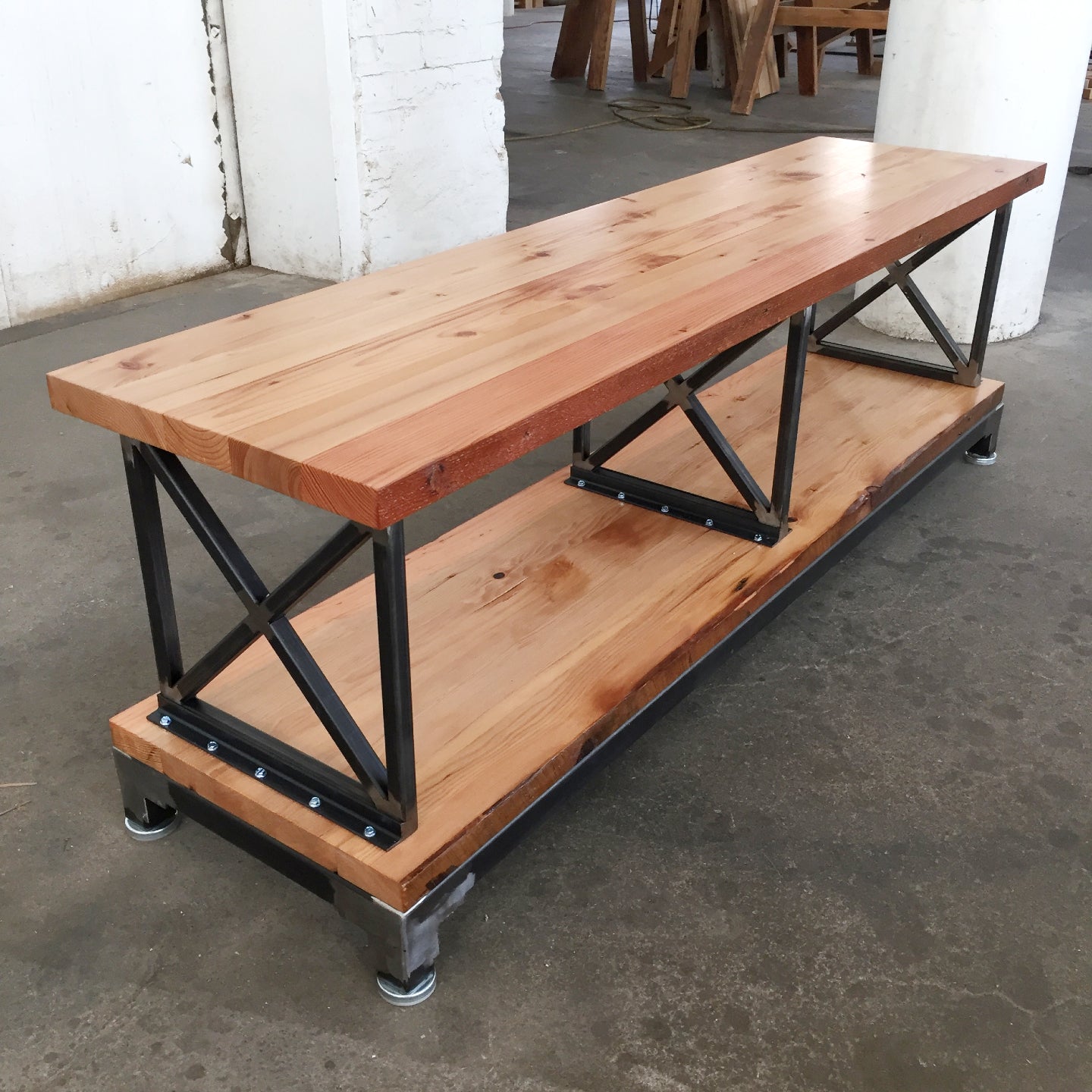 Pingree Media Stand by Workshop Detroit - Made from reclaimed wood and steel - Shown in a natural clear coat finish