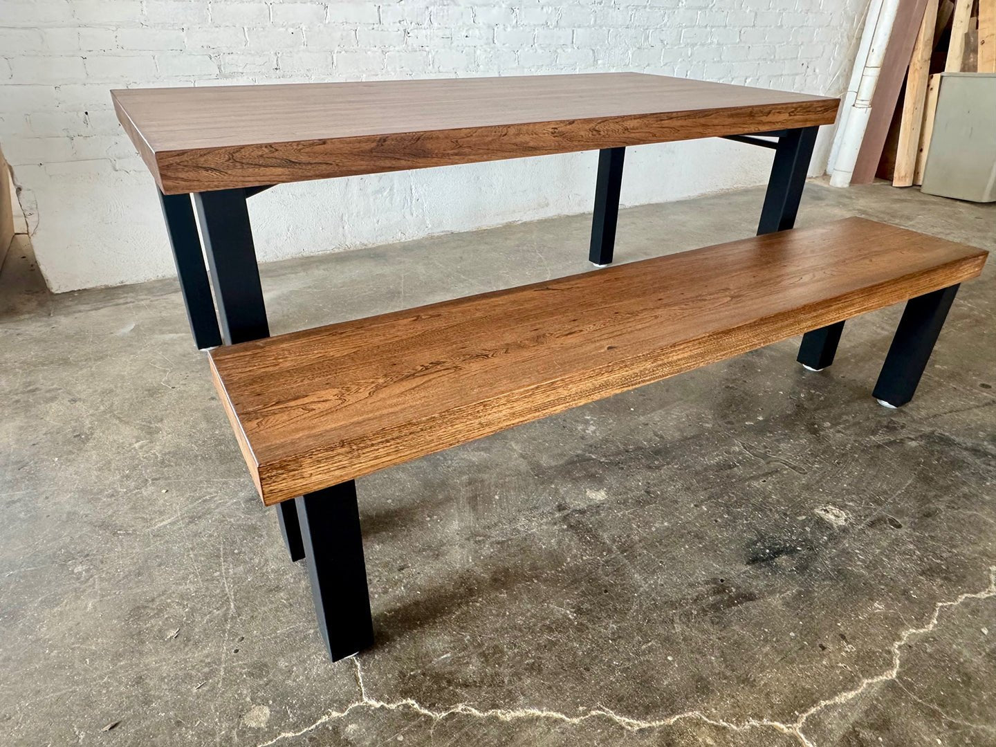 High Street Dining Table and Bench Set - Oak - Walnut Stain Finish