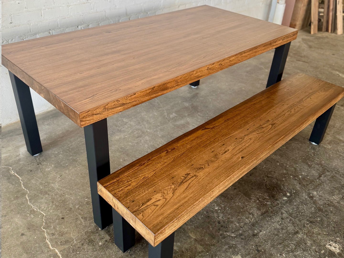 High Street Dining Table and Bench Set - Oak - Walnut Stain Finish