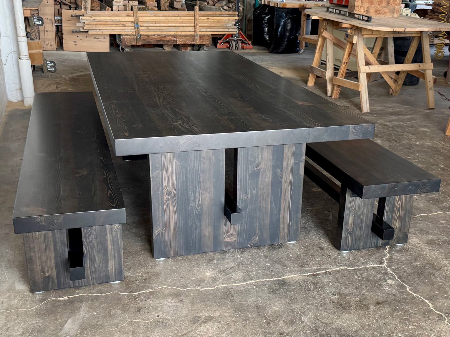 Commonwealth Reclaimed Wood Dining Table and Bench Set- Ebony Stain Finish