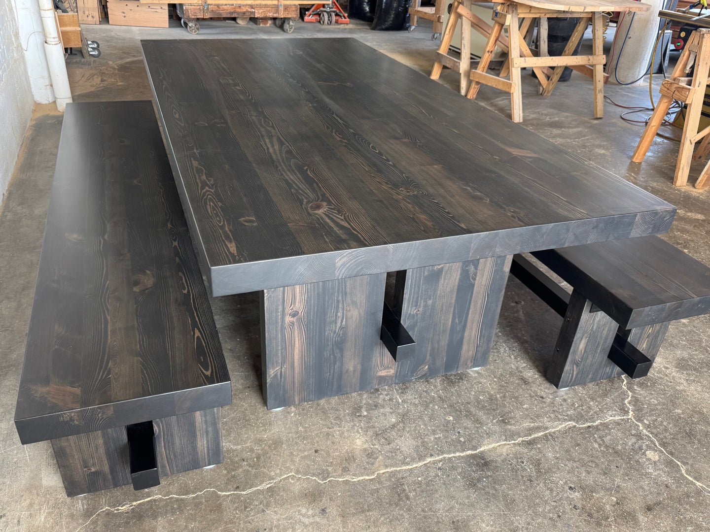 Commonwealth Reclaimed Wood Dining Table and Bench Set- Ebony Stain Finish