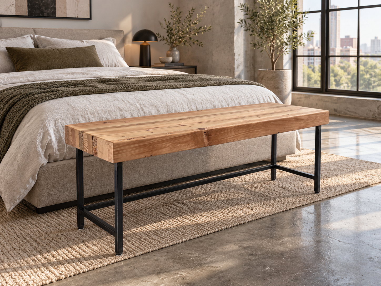 Grandy reclaimed wood and steel bench shown in a bedroom setting with a window with a view and a concrete floor. Bench is shown with a clear, natural finish.