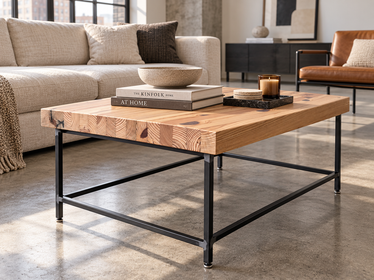 Grandy Coffee Table by Workshop Detroit with a light natural wood top and a dark metal frame, styled in a contemporary living room setting with a concrete floor. 
