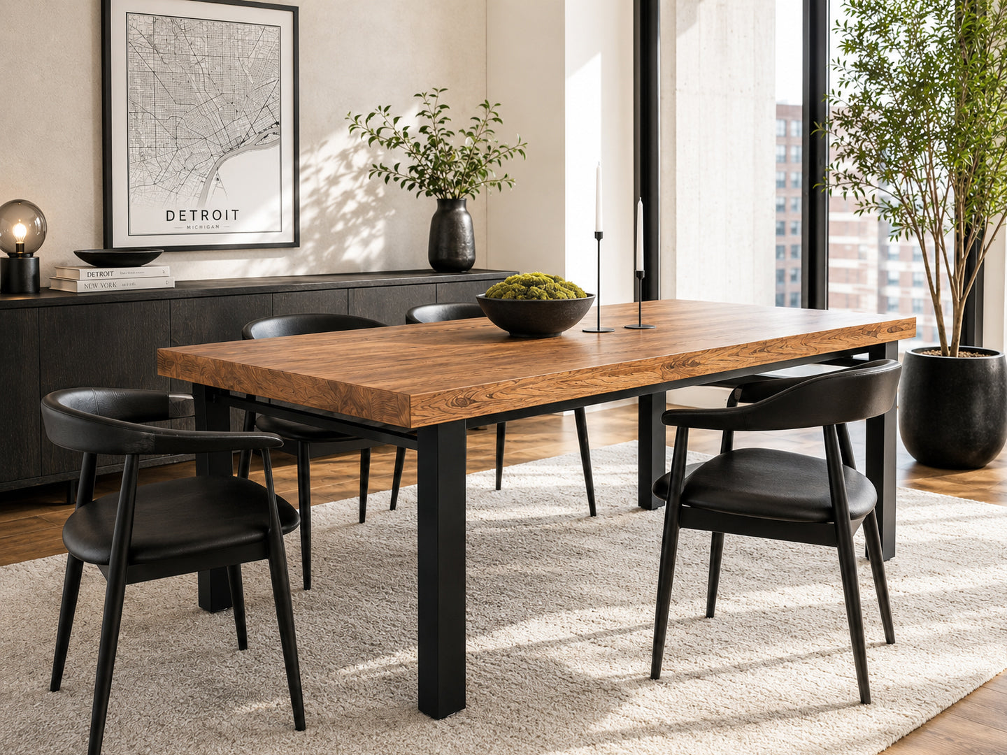 Alternative view of our High Street Solid Reclaimed Oak Dining Table by Workshop Detroit. Shown in a contemporary dining room with black chairs, wood floors, a rug, artwork and plants.