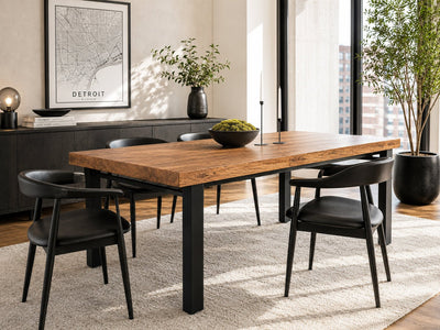 Alternative view of our High Street Solid Reclaimed Oak Dining Table by Workshop Detroit. Shown in a contemporary dining room with black chairs, wood floors, a rug, artwork and plants.