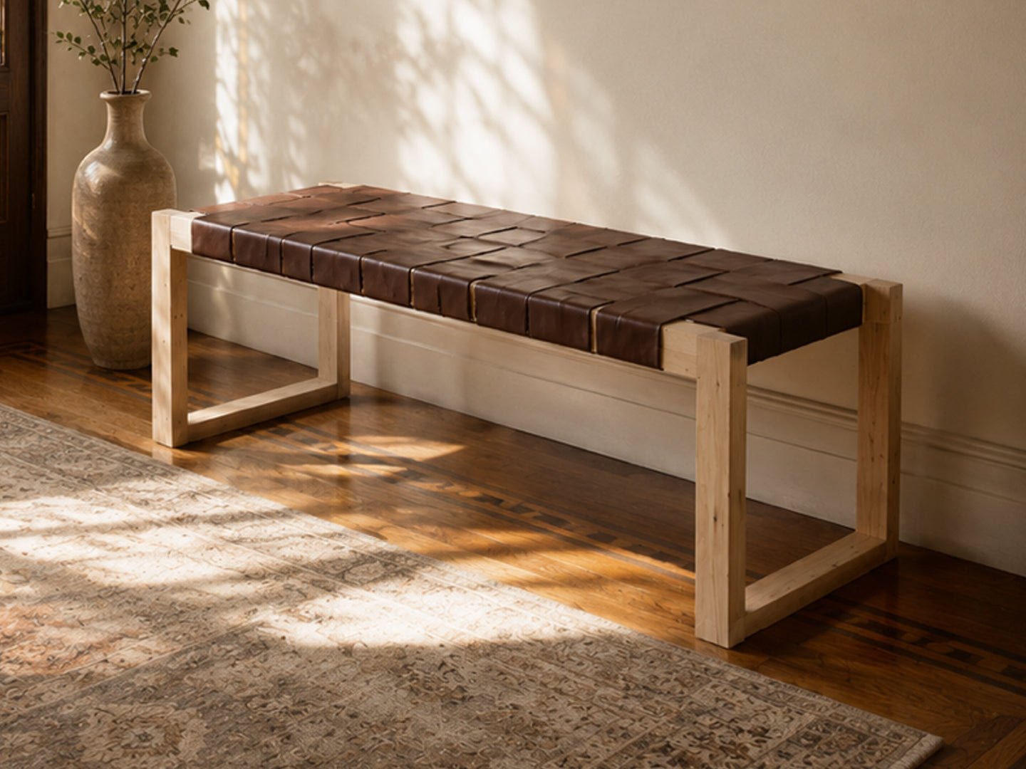 Seldon Reclaimed Oak Leather Bench - Natural Finish