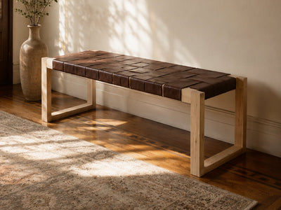Seldon Reclaimed Oak Leather Bench - Natural Finish