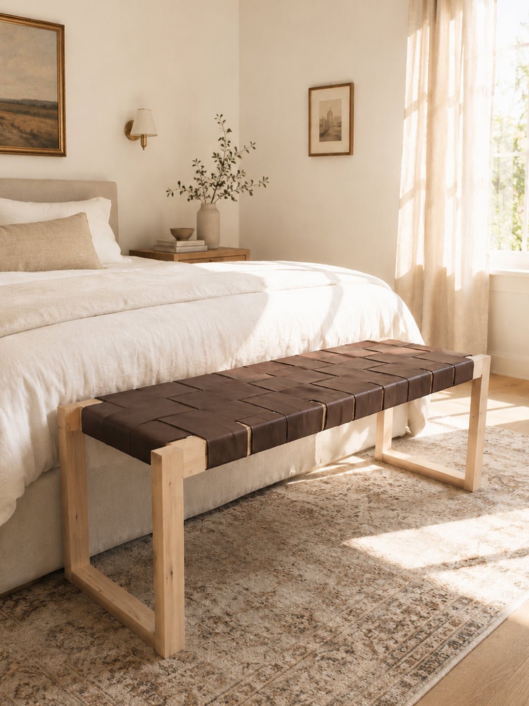 Seldon Reclaimed Oak Leather Bench - Natural Finish