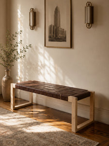 Seldon Reclaimed Oak Leather Bench - Natural Finish