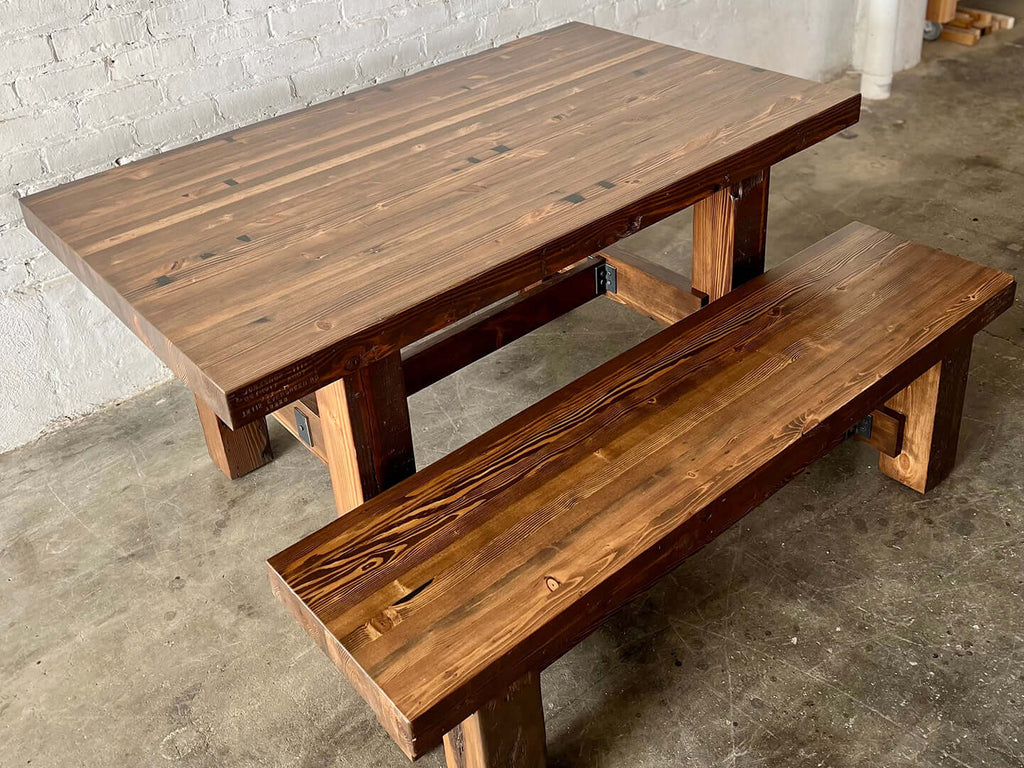 Ambassador Reclaimed Wood Table and Bench Set Walnut Stain Finish