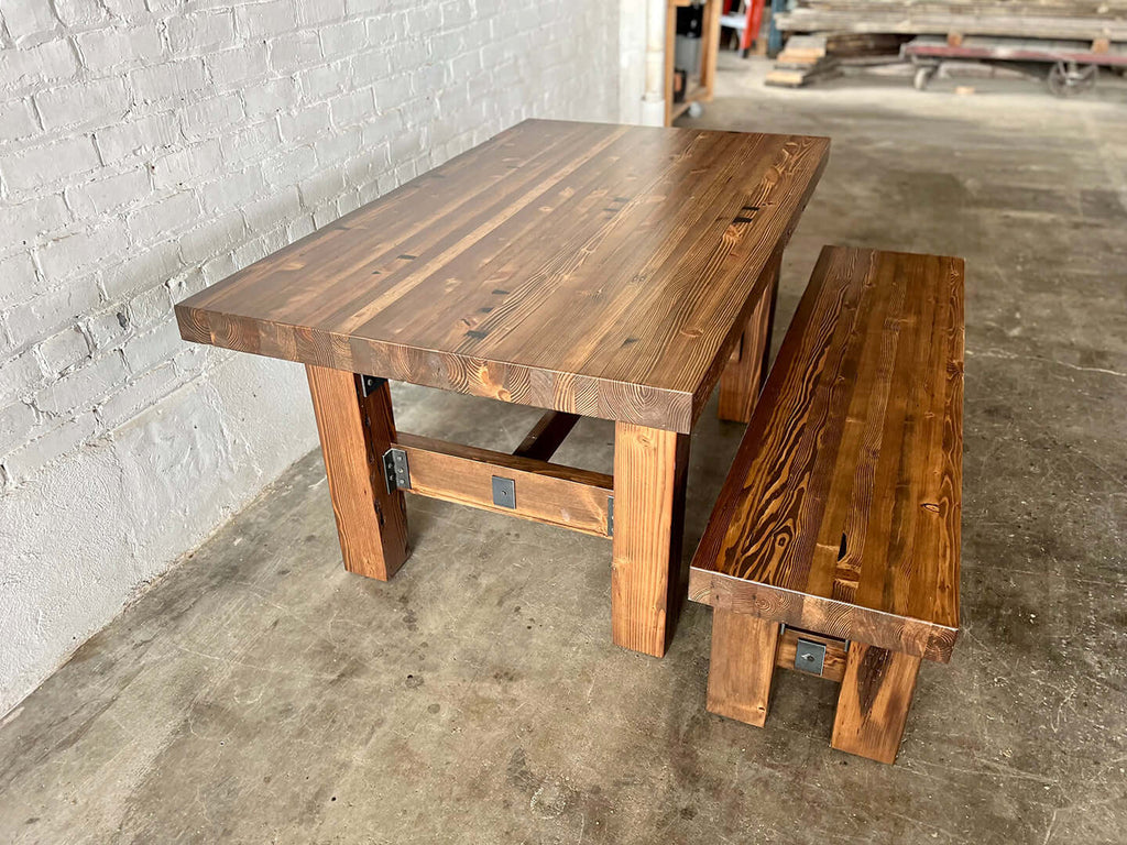 Ambassador Reclaimed Wood Table and Bench Set Walnut Stain Finish
