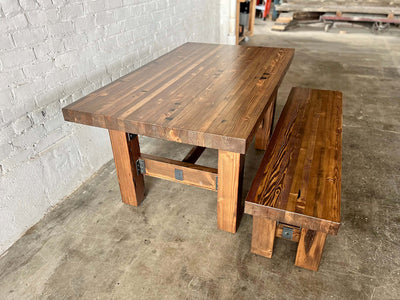 Ambassador Reclaimed Wood Table and Bench Set - Walnut Stain Finish