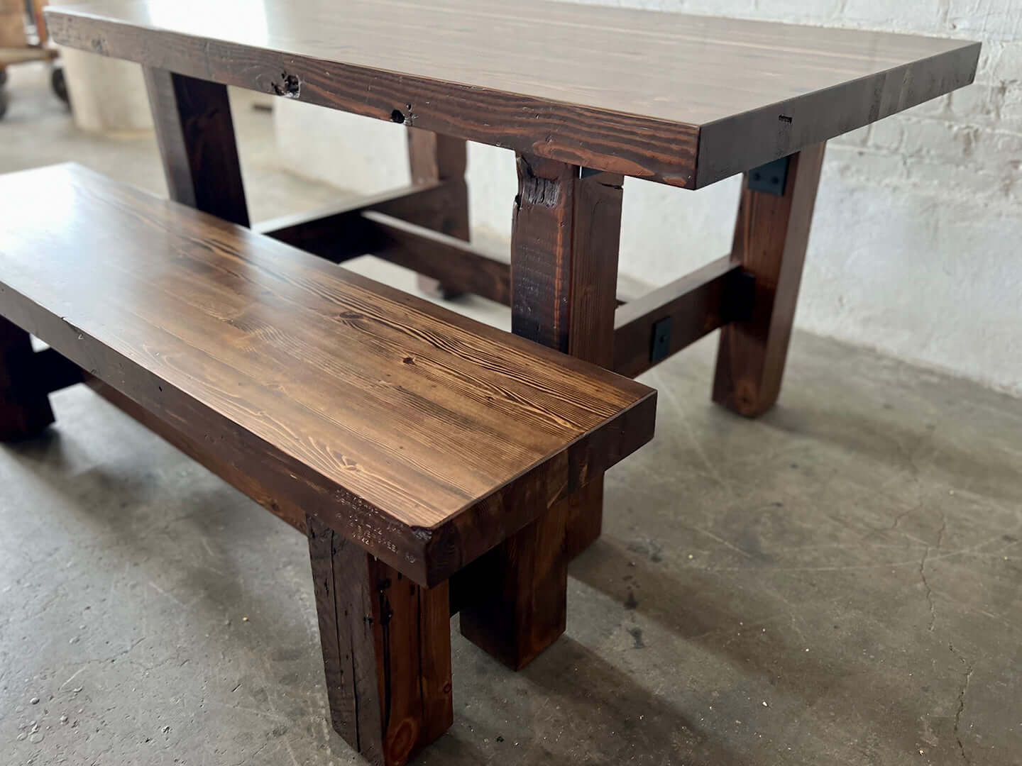 Ambassador Reclaimed Wood Table and Bench Set - Walnut Stain Finish