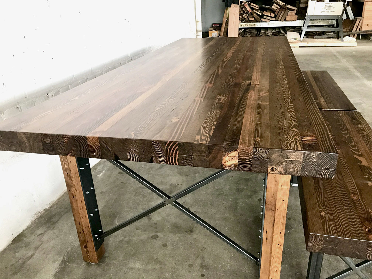 Grand Urban Farmhouse Dining Table and Bench Set - Walnut Stain Finish