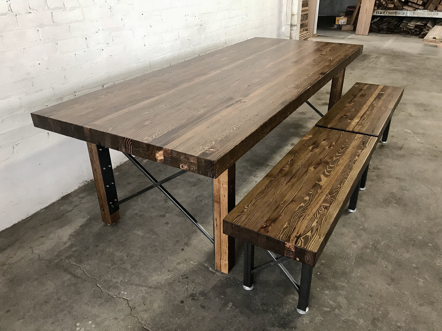 Grand Urban Farmhouse Dining Table and Bench Set - Walnut Stain Finish