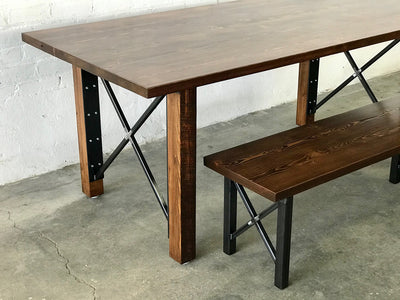 Urban Farmhouse Dining Table and Bench Set - Walnut Stain Finish