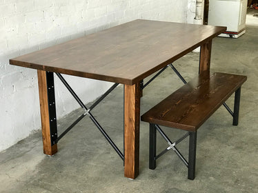 Urban Farmhouse Dining Table and Bench Set - Walnut Stain Finish